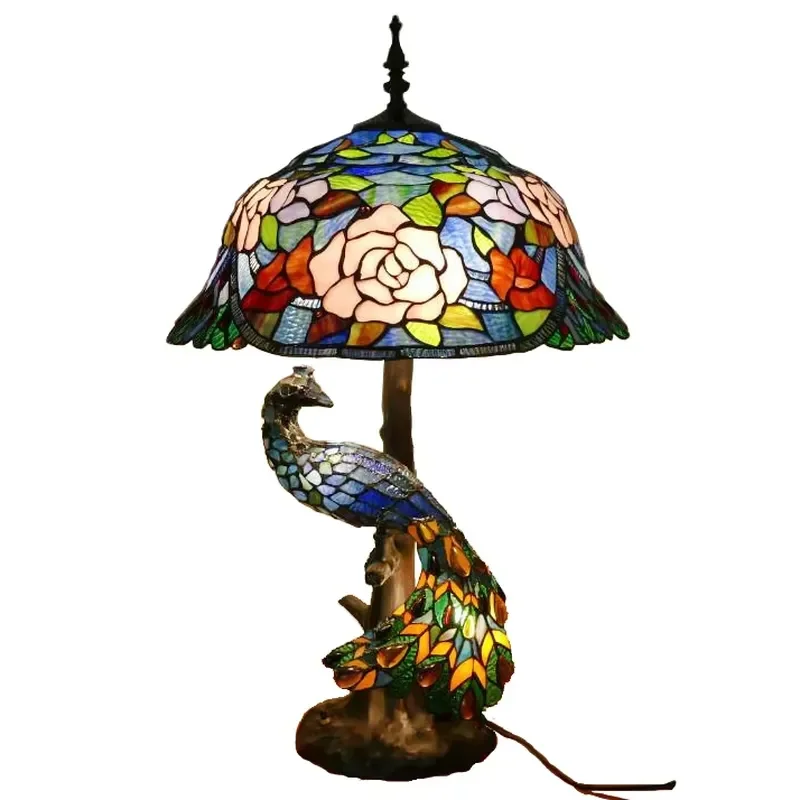 American Retro Peacock Base Living Room Decoration Atmospheric Warm Handmade Villa Button Switch Large Table Lamp