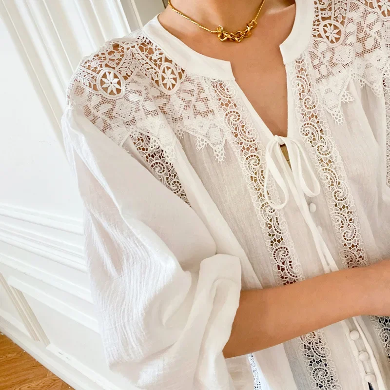 TEELYNN Cotton White Lace Blouses Shirt Women Vintage Top Oversize Lantern Long Sleeve Blouse Boho Beach Loose Ladies Blusas