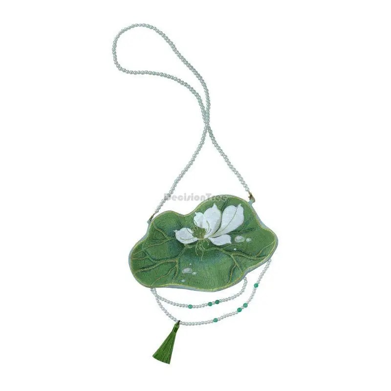 2025 new chinese hanfu bag embroidery lotus leaf double-sided embroidery retro style pearl chain hand bag hanfu accessories 678