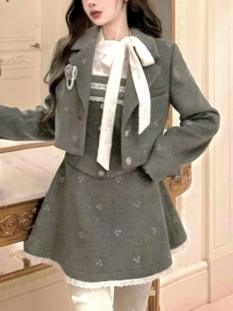 Herbst Winter Französisch Mode Elegante 2-teiliges Set Frauen Single Button Schlank Wollmantel + Spitze Schleife Kleid Süße coole Preppy Outfit