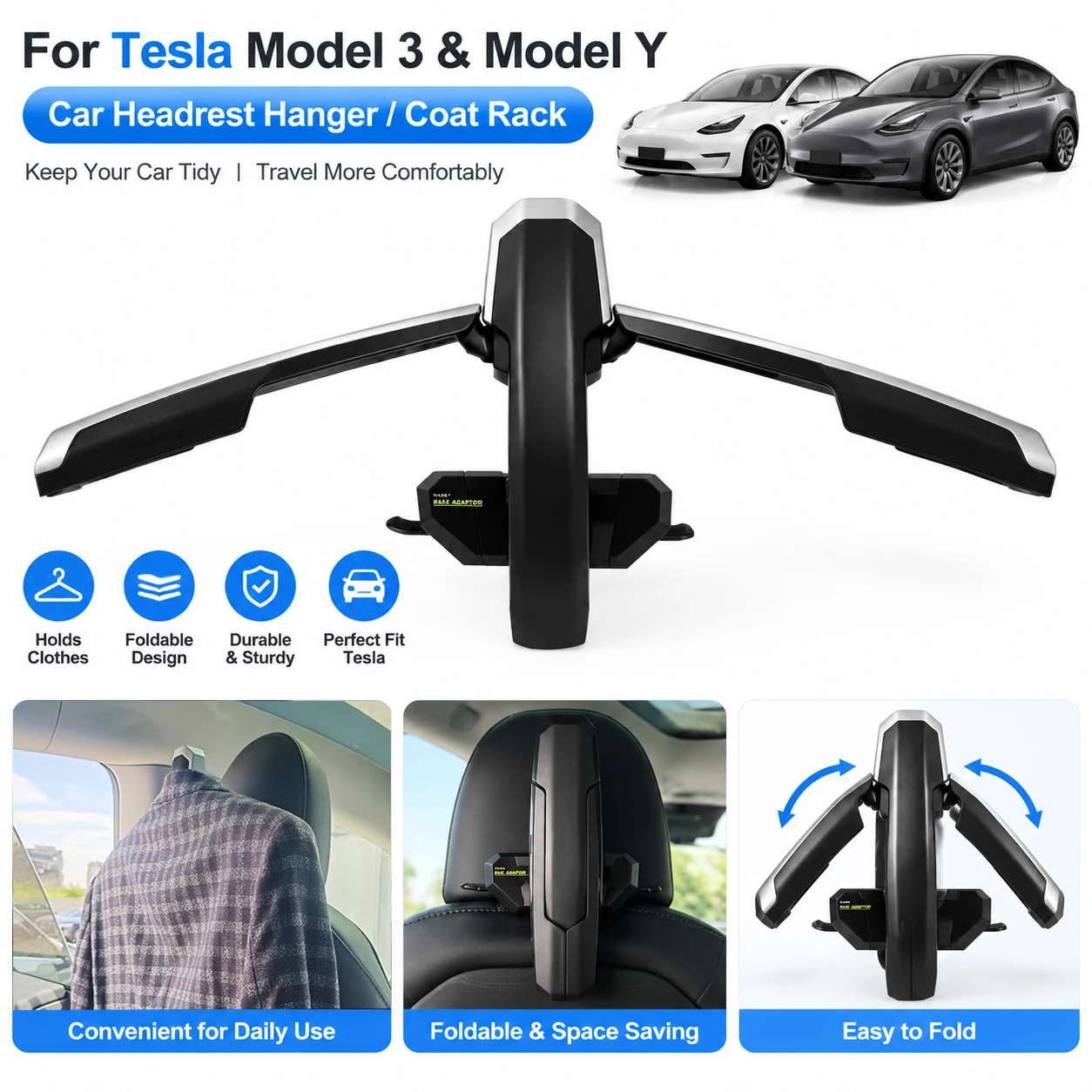 Foldable Car Headrest HangerFor Tesla Model 3 Mode Y Coat Rack Holder Travel Hanger Jackets Suit Organizer Car SUV Accessories