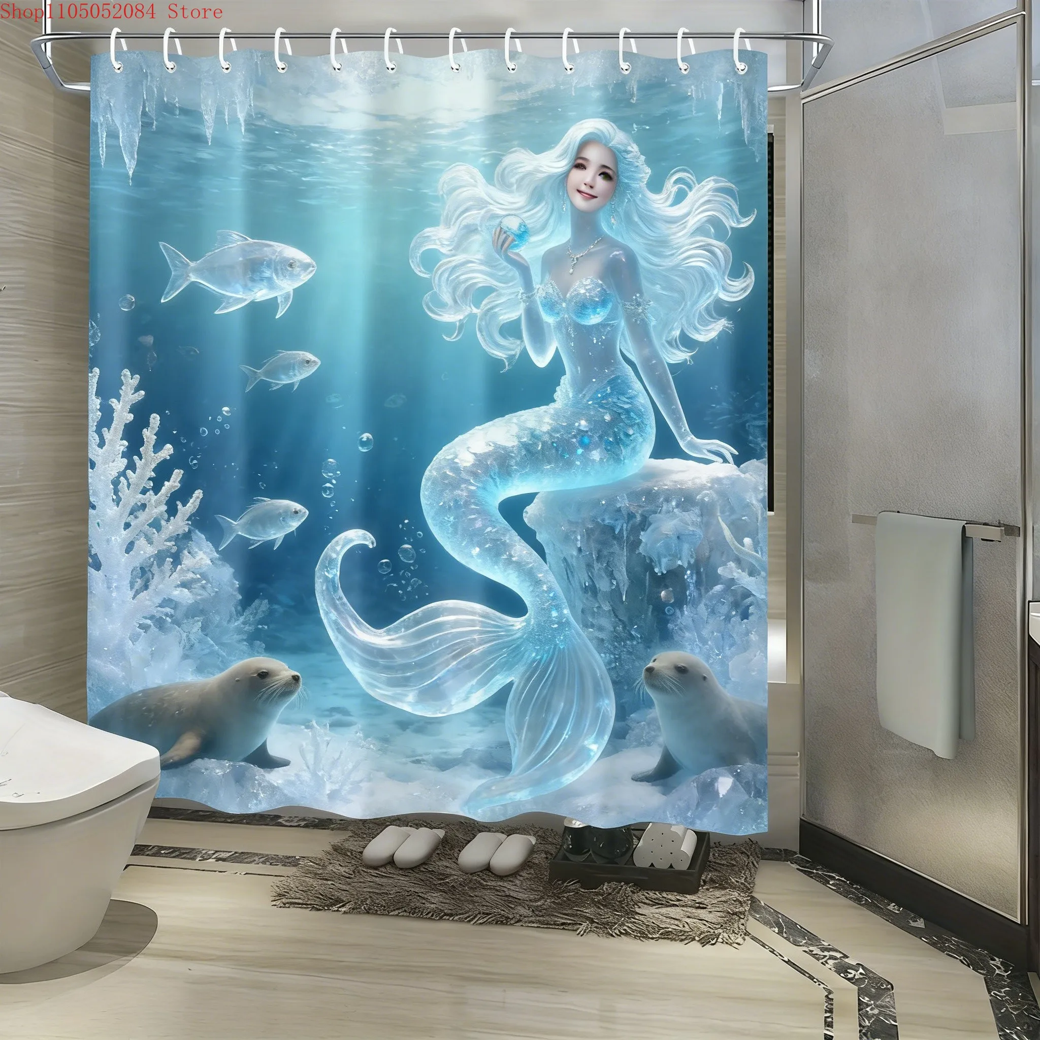 Red-Haired Mermaid on Coral Reef at Sunset Ocean Waterproof Shower Curtain for Bathroom Decor  multiple sizes