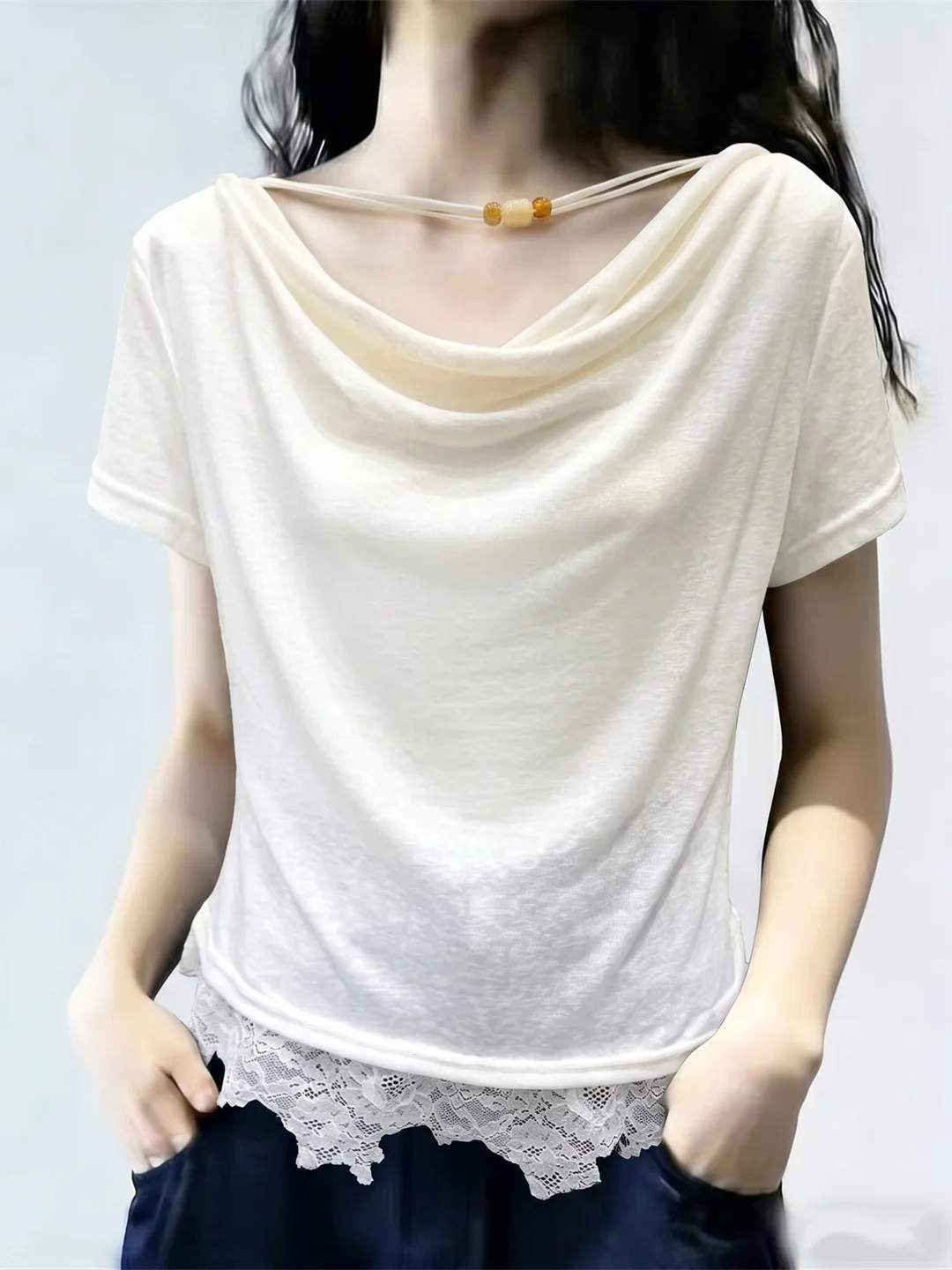 

Summer Design Sense Women's Short Sleeve T-Shirt Lace Splice Neckline Fashionable Personality Korean Style Commute Wind