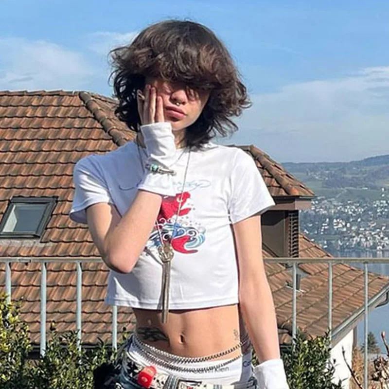 Estate donna Koi Fish Cartoon Prints Pattern donna manica corta Street Harajuku Hip Hop Fashion Crop Top abbigliamento