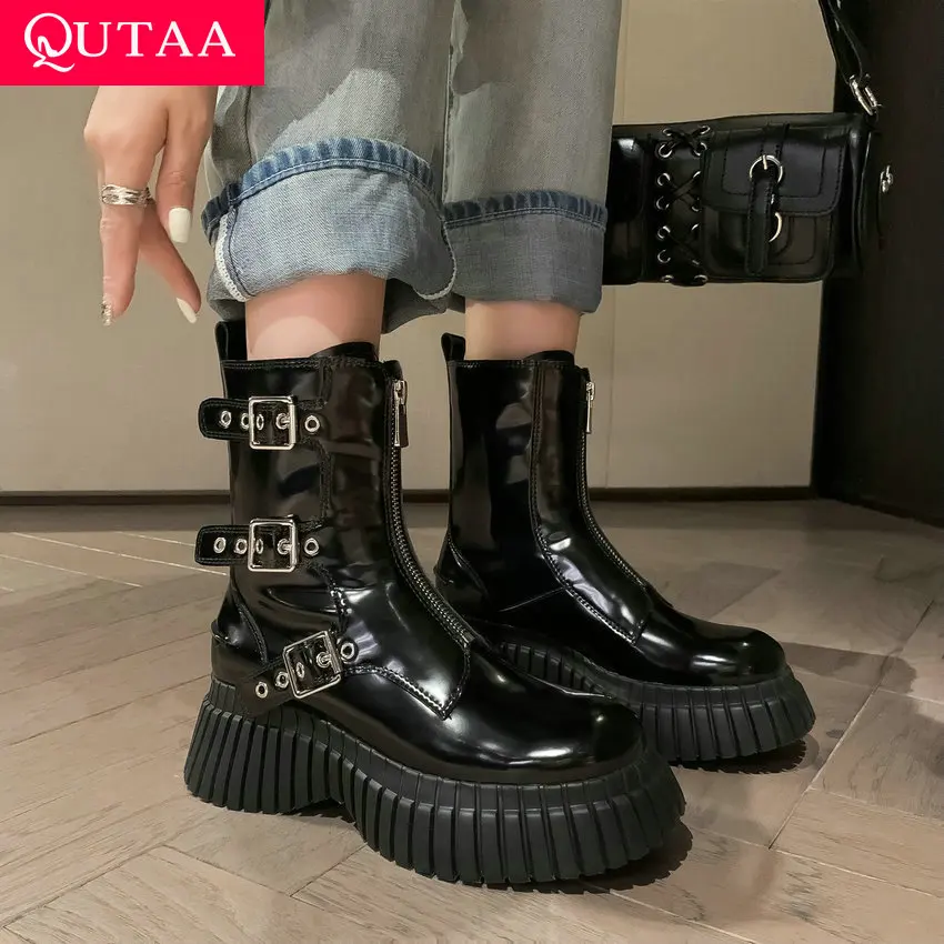 Qutaa 2024 Herbst Winter Frauen Stiefeletten Plattformen High Heels Freizeit schuhe Frau Echt leder Westerns tiefel Größe 34-39