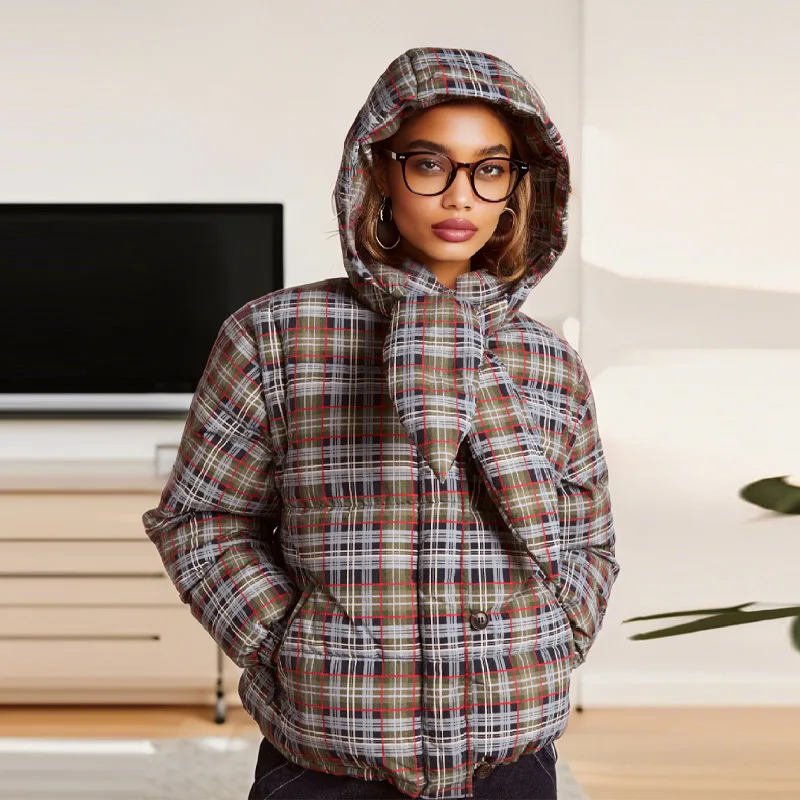 

2026 Autumn Plaid Cotton Jacket For Women Elegant Long Sleeve 2-in-1 Pockets Coats Chic Vintage Street Single Breasted Outerwear