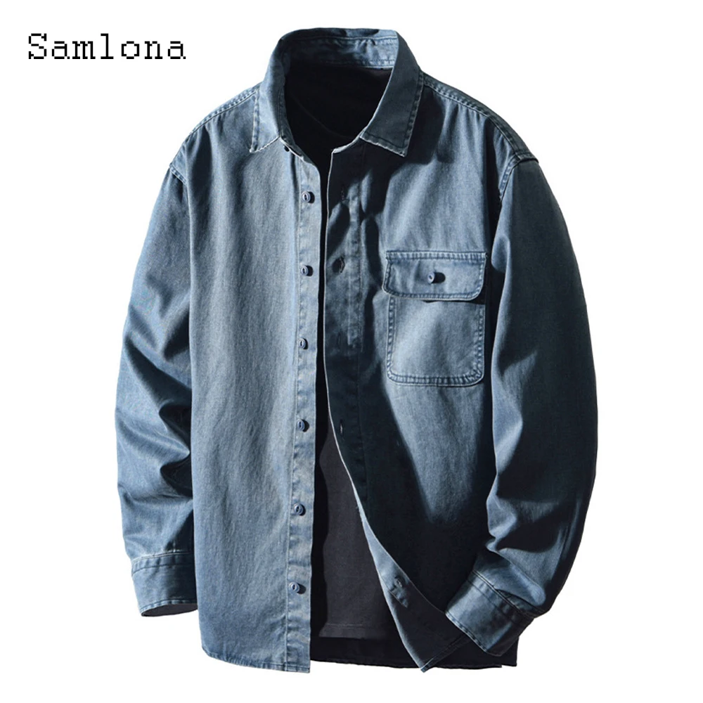

Samlona, мужские повседневные хлопковые рубашки больших размеров, одежда, новинка 2025 года, модная базовая рубашка, блузка, мужские топы с длинными рукавами и надрезами, верхняя одежда