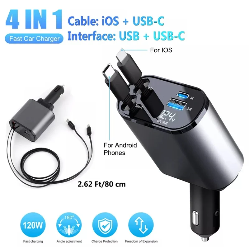 

4 in 1 12-24V Retractable Dual Ports Car Charger Cable Digital Flash Charging USB TYPE-C Interface Charger Adapter 100W