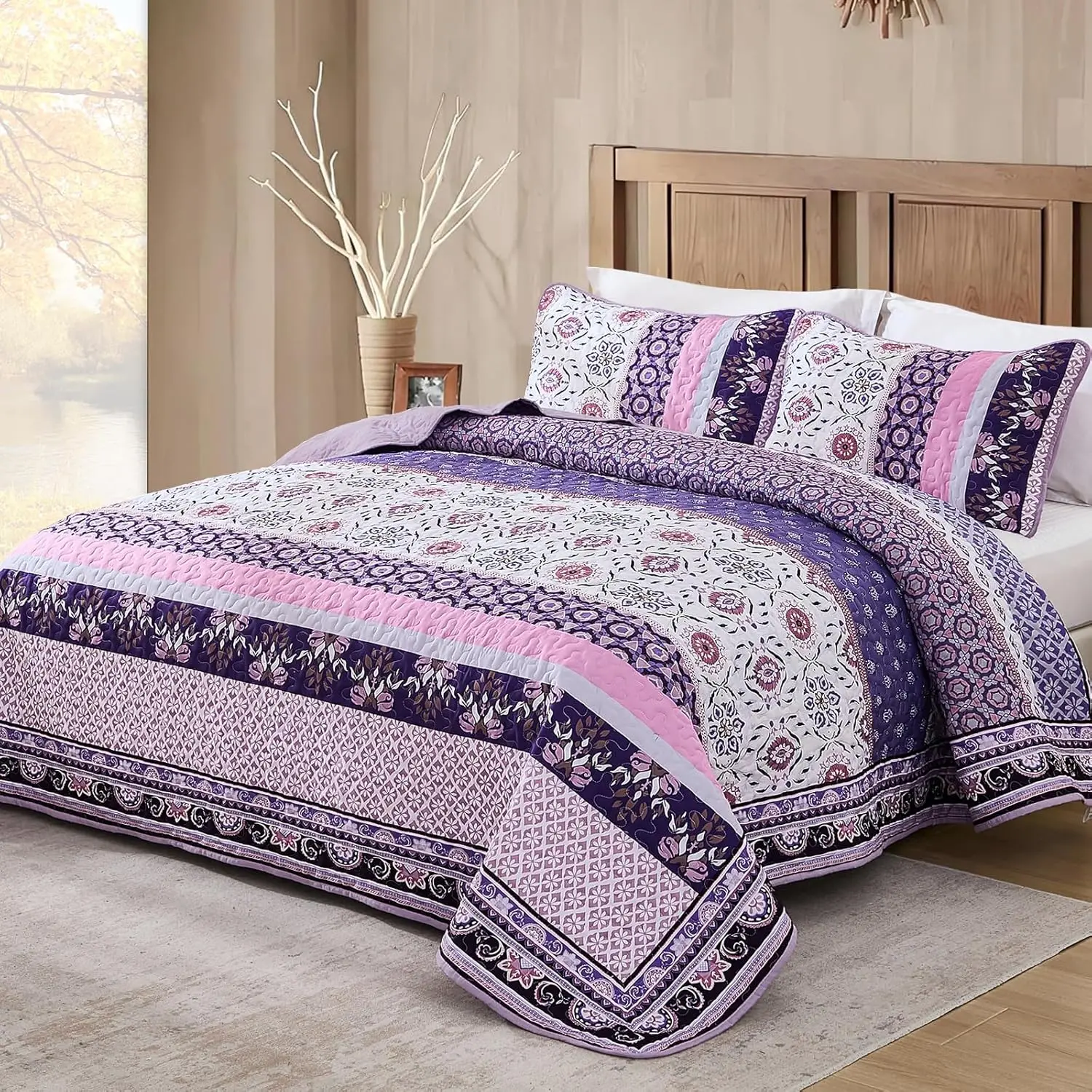 

Фиолетовый лоскутный комплект покрывал размера King Size, легкое богемное покрывало в стиле фермерского дома для весны и лета