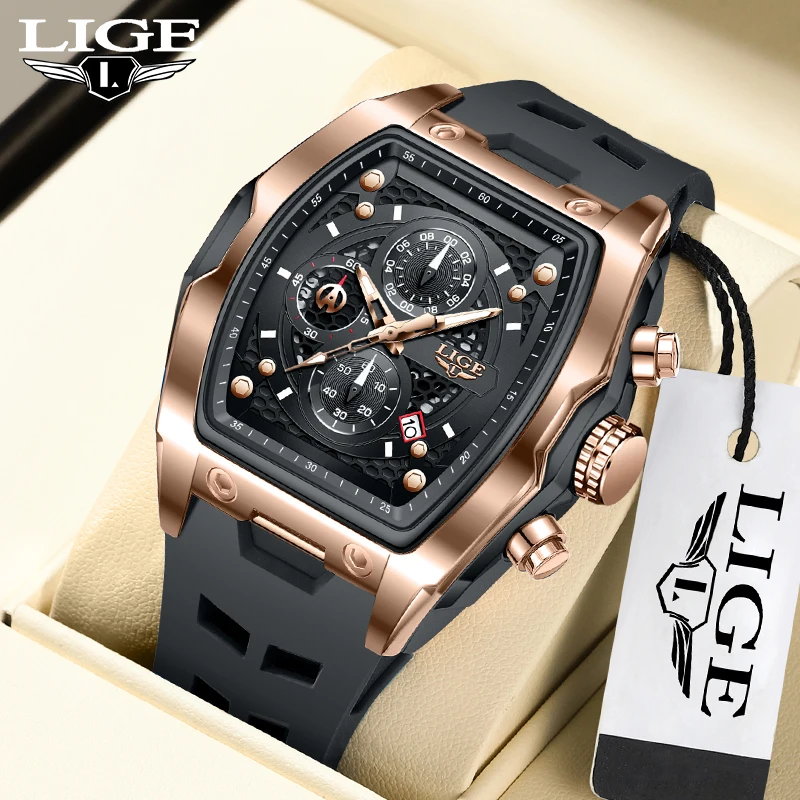 

LIGE уличные трендовые кварцевые мужские часы, модные квадратные силиконовые водонепроницаемые повседневные спортивные светящиеся часы с полой датой для мужчин, новые