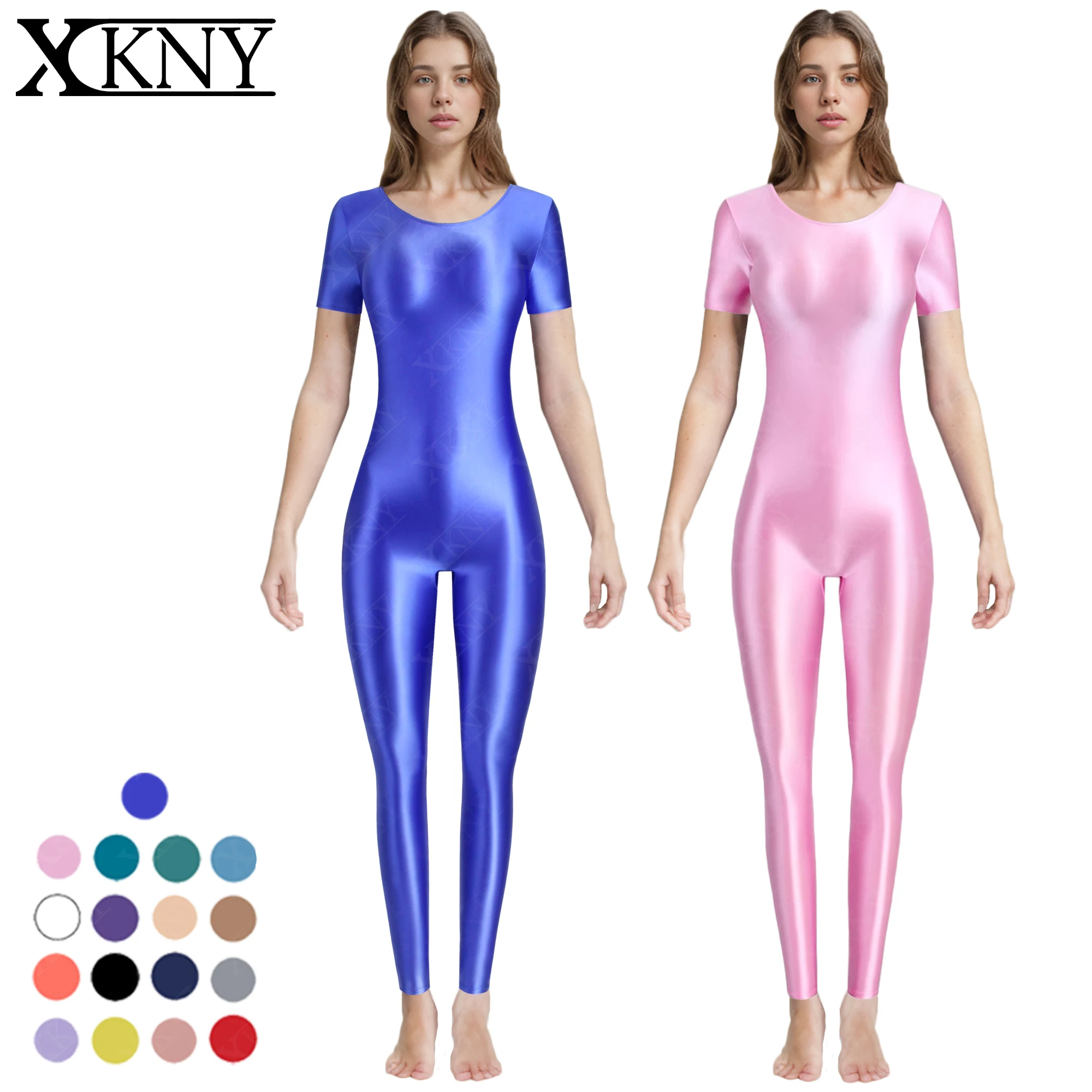 XCKNY glossines series tights satin glossy Tights oil  Silk round neck short sleeve tights smooth sportswear Wetsuit Bathing