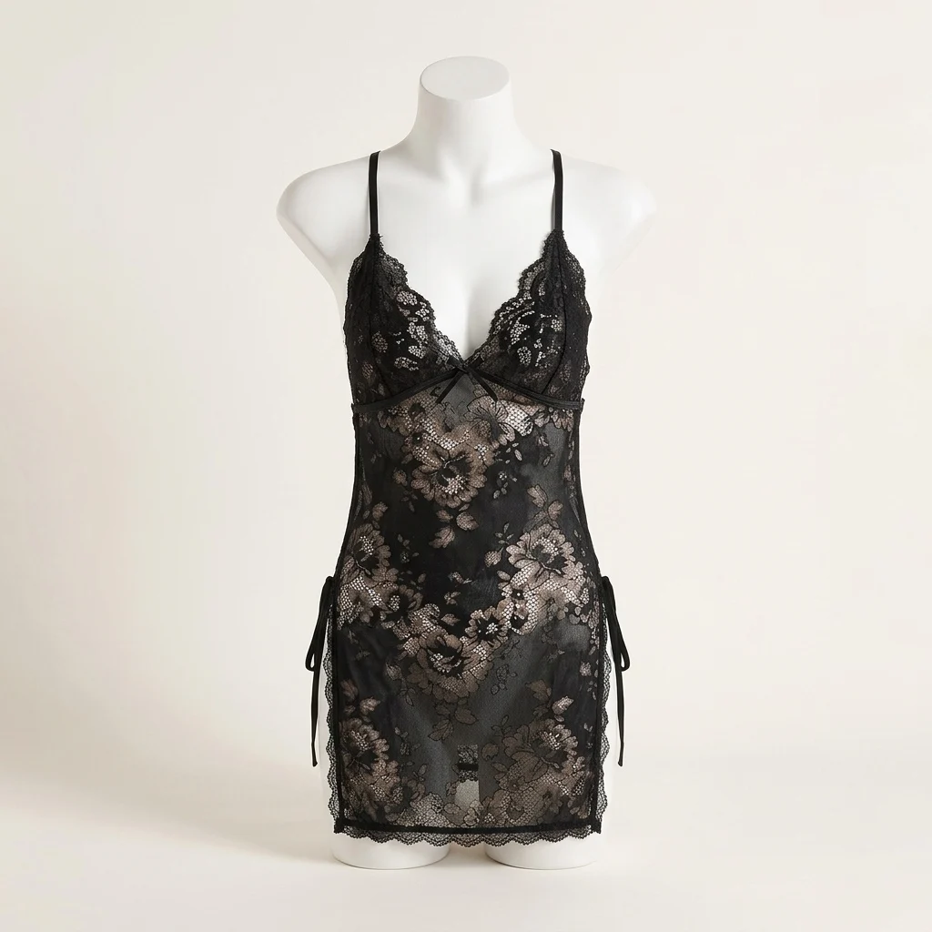 Black Lace Sheer Lingerie Babydoll Women Sleepwear Open Back Tie Back Plus Size Bodysuit Nightgown Pure
