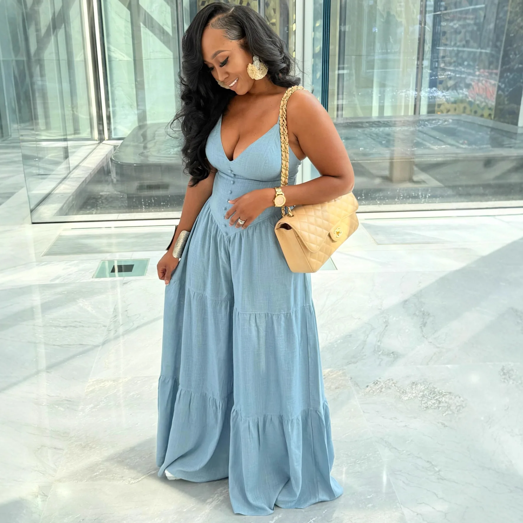 جمبسوت نسائي سادة رومبير عميق على شكل حرف V بدون أكمام خصر إمبراطوري كامل الطول مستقيم مستقيم فضفاض ملابس الشارع لصيف 2025 #2