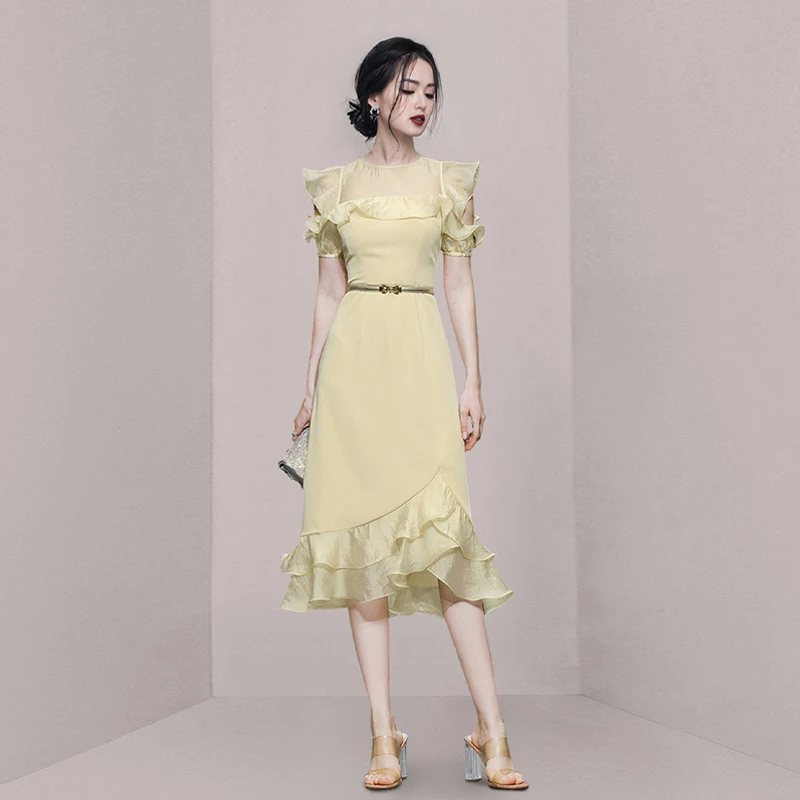 

2025 Summer New Women's Slim Fit Long Dress High Waist Bateau Neck Short Sleeve Zipper Closure Korean Style Floral Lace Skirt
