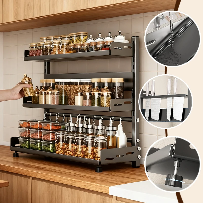 

Spice Rack 3 Tier No Drill Adjustable Shelves Metal Organizer with Guardrail for Kitchen Countertop Bathroom Office Storage