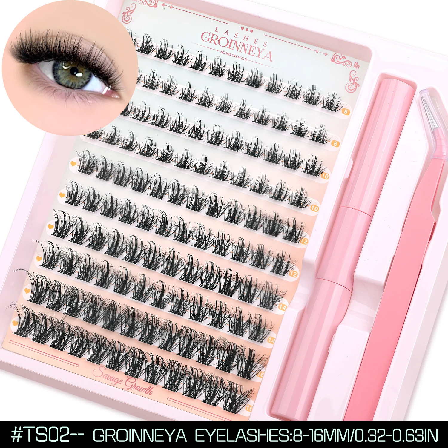 GROINNEYA Flauschiges Wimperncluster-Set mit wasserdichtem, starkem Halt, DIY-Wimpernverlängerungsset, Wimpernbindung, Versiegelung und Wimpernpinzette, Make-up – Detail 8
