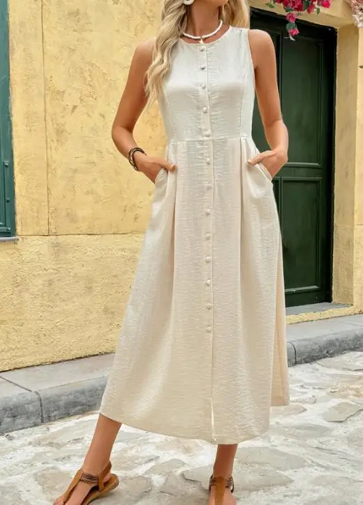 

2026 Summer New Women's Fashion Sleeveless Tank Top Skirt Round Neck Solid Color Temperament High end Beach Vacation Skirt