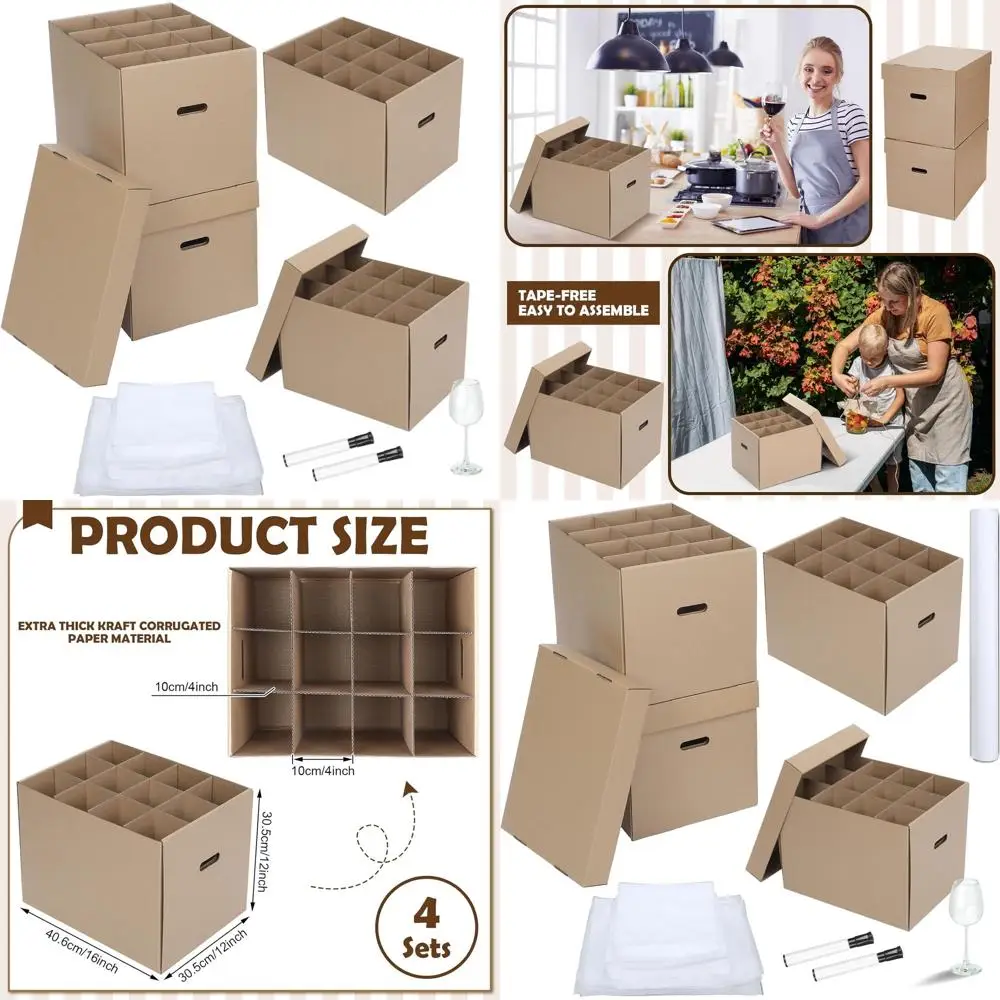 

Набор из 4 коробок для переезда с 72 вставками для посуды и стеклянной тарелочной посуды, 16x12x12, с ручкой и крышкой