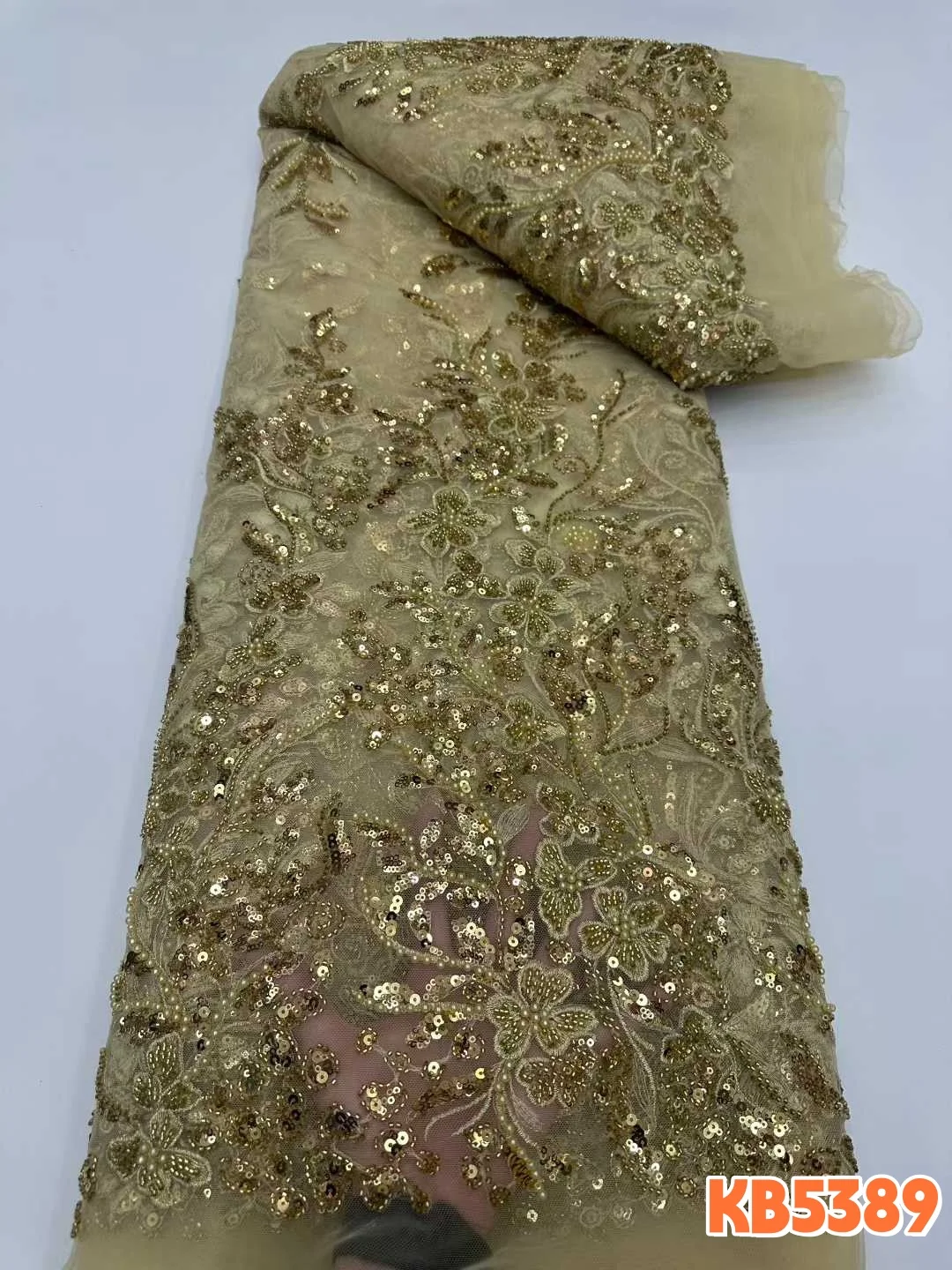 YALISI grüner bestickter Perlen-Spitzenstoff, 5 Yards, afrikanischer nigerianischer Spitzenstoff mit goldenen Pailletten für Damen, Hochzeit, Party, KB5389I
