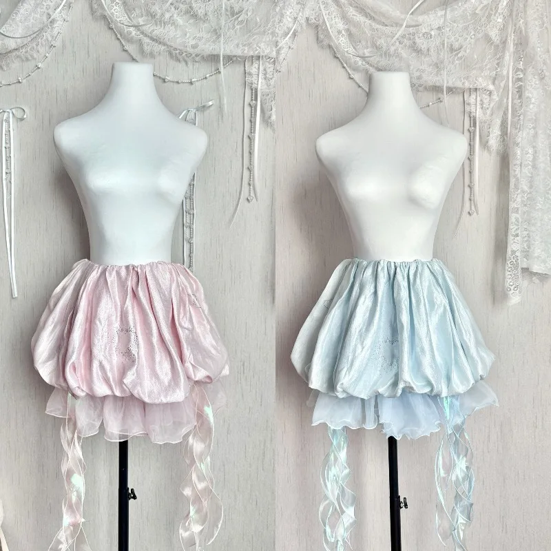 2025 صيف جديد اليابانية Rojita نمط الحلو لطيف قنديل البحر تنورة الشيفون التخسيس منخفضة الخصر منتفخ نصف التنانير الملابس النسائية