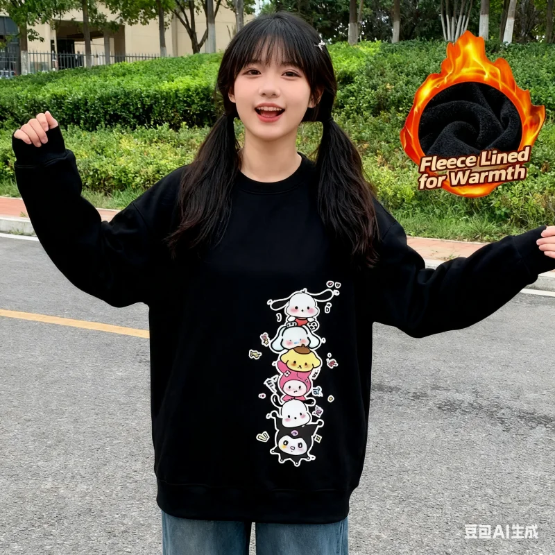 

Sanrio Series Printed Crew Neck Long-Sleeve Top, Cute and Warm Fleece-Lined Crew Neck Long-Sleeve T-Shirt, 100% Cotton