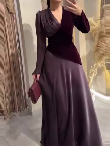 Women Fashion Contrasting Colors Slim Maxi Dress 2026 Casual Long Sleeve Long Dress Elegant V-neck Hight Waisted Evening Dress