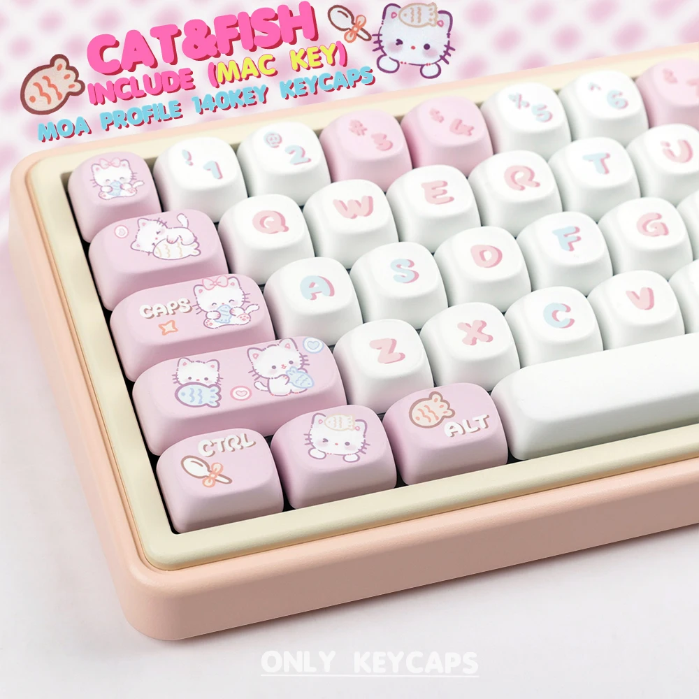 LUCKY-Pink Kitten 140Keys/Set PBT Keycaps DYE-SUB MOA Profile DIY Custom KeyCap for MX Switch Game Mechanical Keyboard