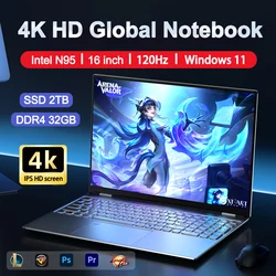 Maichai-ordenador portátil de 16 pulgadas, Notebook con Intel N95, 4K, HD, pantalla de 120HZ, 32GB + 2TB, Windows 11 Pro, para juegos de oficina, desbloqueo por huella dactilar