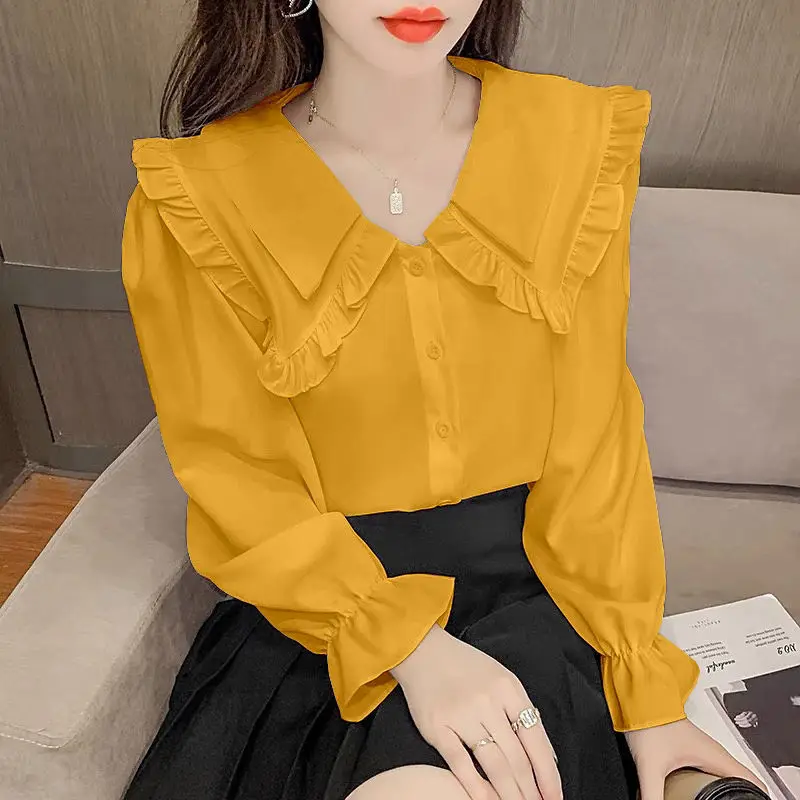 Sweet Peter Pan Collar Button Ruffles Chiffon Shirt Female Clothing 2022 Autumn New Oversized Casual Tops Stylish Chic Blouse