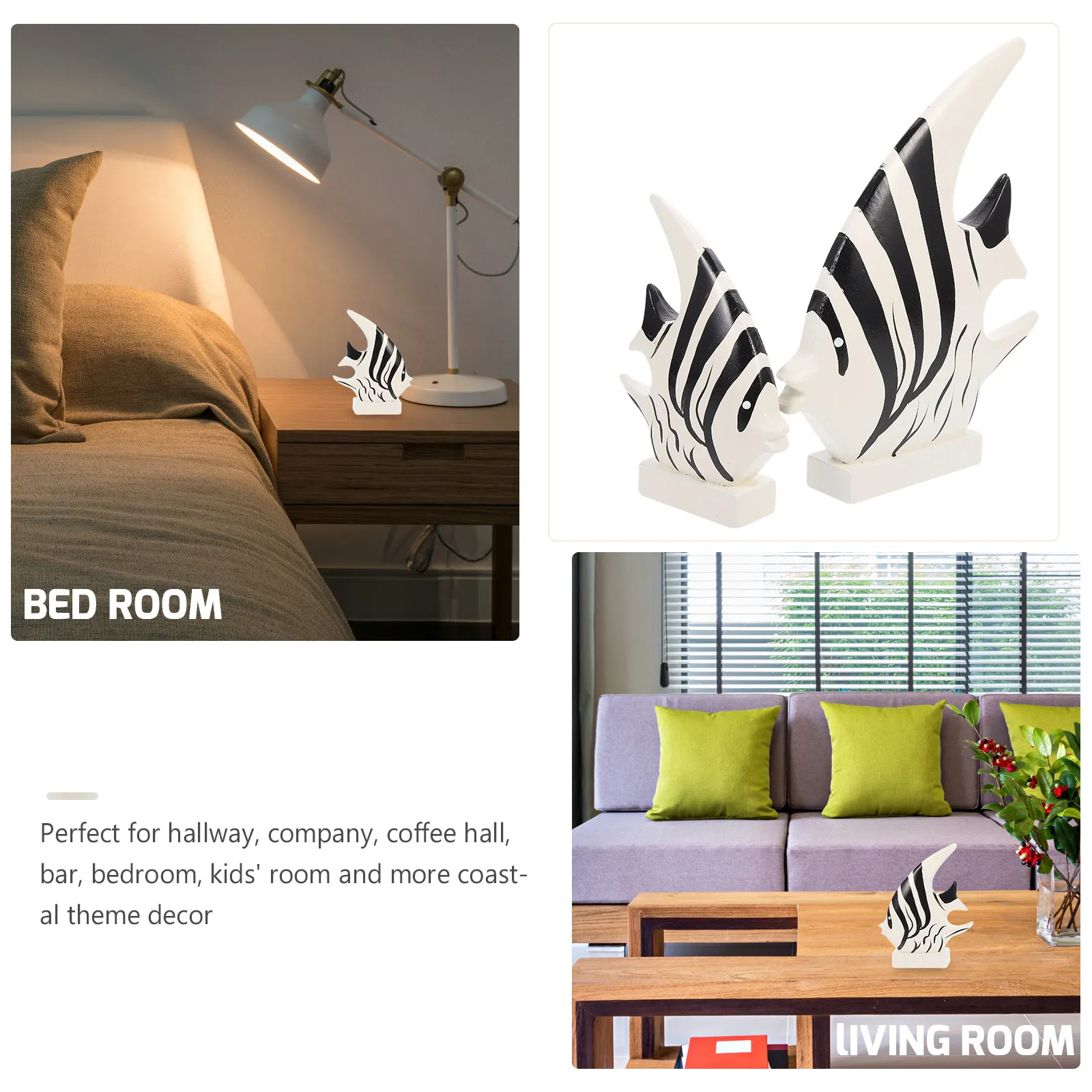 2Pcs Wooden Fish Decor Black White Striped Mediterranean Style Coastal Home Decoration Desktop Ornament for Coffee Bar Living