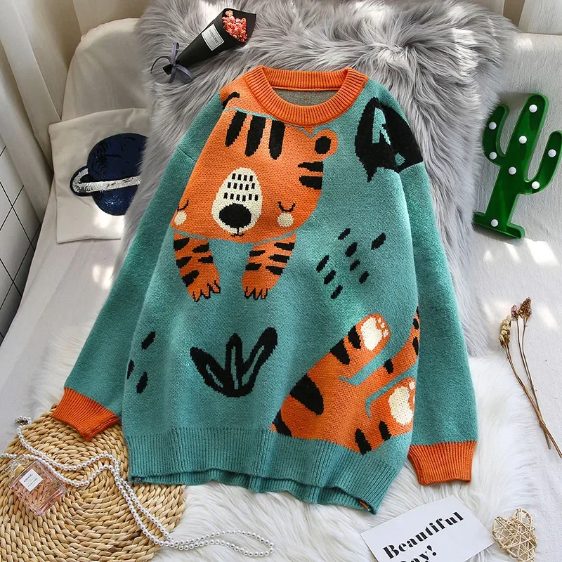 

Oversized Knitted Thicken Pullovers Cartoon Jumper Autumn Winter Women Kawaii Sweater Loose Casual Ladies Tops College Knitwear