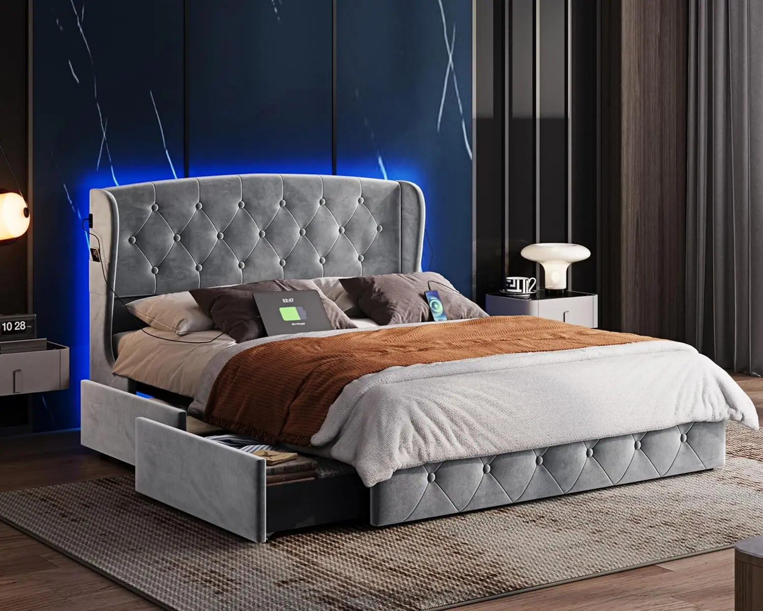 Linsy Queen Bed Frame With 4 Drawers, Velvet Upholstered Platform Bed With Button Tufted Headboard & Wingback, Led Lights,