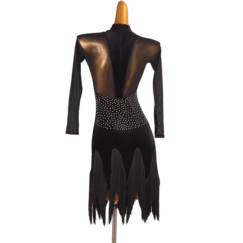 High neck long sleeve radial rhinestone pattern pointed tassel hem short dance dress for latin dance competition stage performan