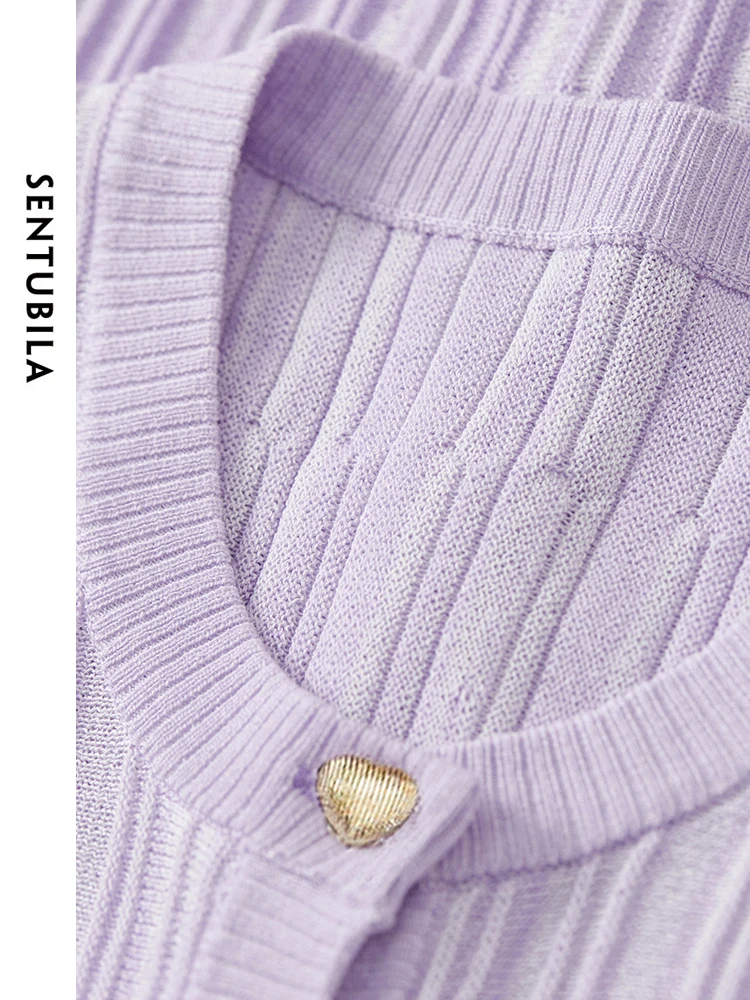 SENTUBILA Purple Hollow Out Knitted Cardigan 2024 Summer Comfort Round Neck Soft Short Sleeve Knit Tops for Women W42H55058