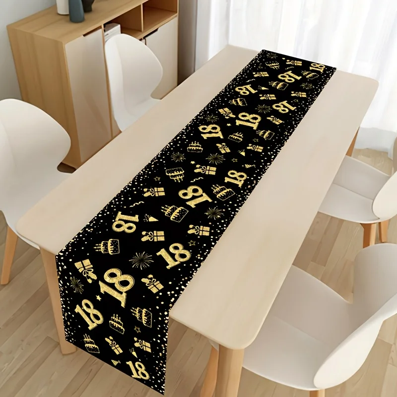 1pc 18th Birthday Black and Gold Themed Printed Table Runner for Birthday Party, Family Dinner and Themed Event Decoration