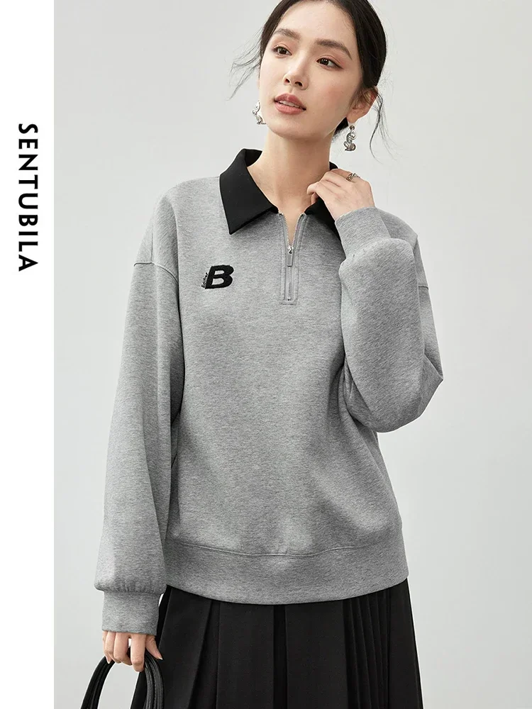 SENTUBILA Women Cotton Sweatshirt 2025 Spring Letter Embroidery Long Sleeve Tops Half Zip Casual Loose Pullovers Woman 143A56214