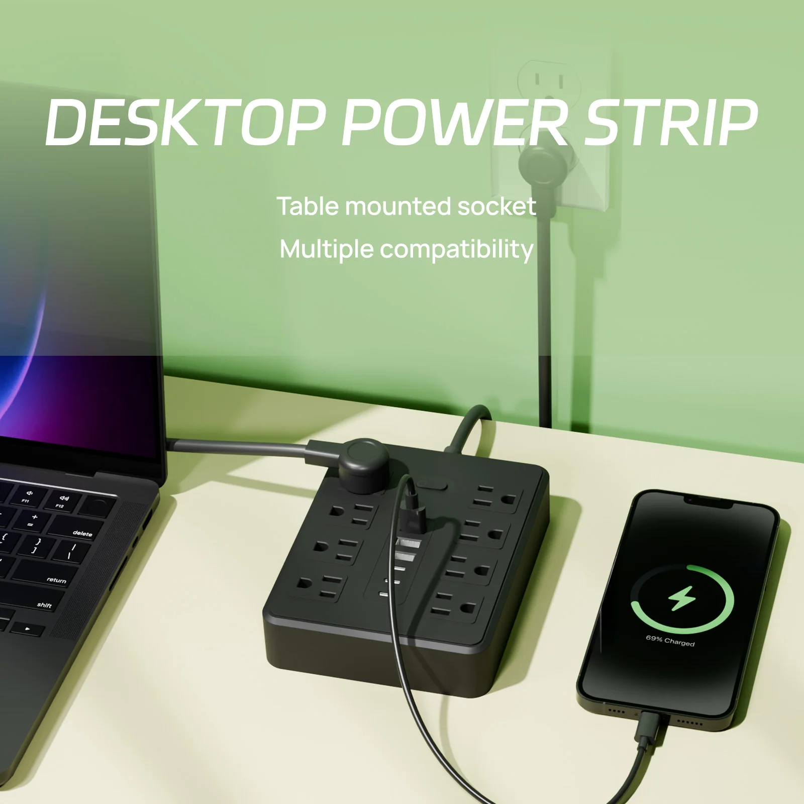 14-in-1 US single switch power strip with 8 AC sockets, 3 USB 3 Type-C ports, 1.5-meter extension cord, built-in overload protec