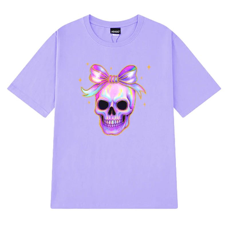 2025 Hochwertige schillernde Totenkopf-T-Shirts für Männer und Frauen, Halloween, Vintage, übergroße Tops, Unisex, 100 % Baumwolle, kurzärmeliges T-Shirt