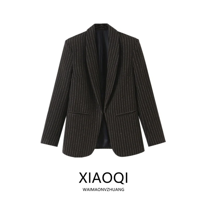 2026 Autumn New Arrival Women's Commuter Versatile Woolen Stripe Unbuttoned Suit Jacket 30049 Fashionable Business Outerwear