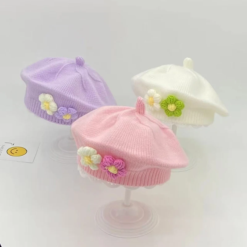 花柄ベレー帽 冬用暖かいニット帽 ベビーキャップ 女の子用 韓国風幼児プリンセス アーティスト 無地ペインターキャップ