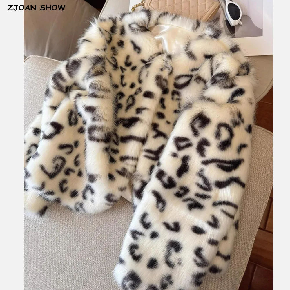 

New Winter Hairy Contrast Color White Leopard Faux Fox Fur Coat CHIC Women Collarless Full Sleeve Shaggy Loose Short Outerwear