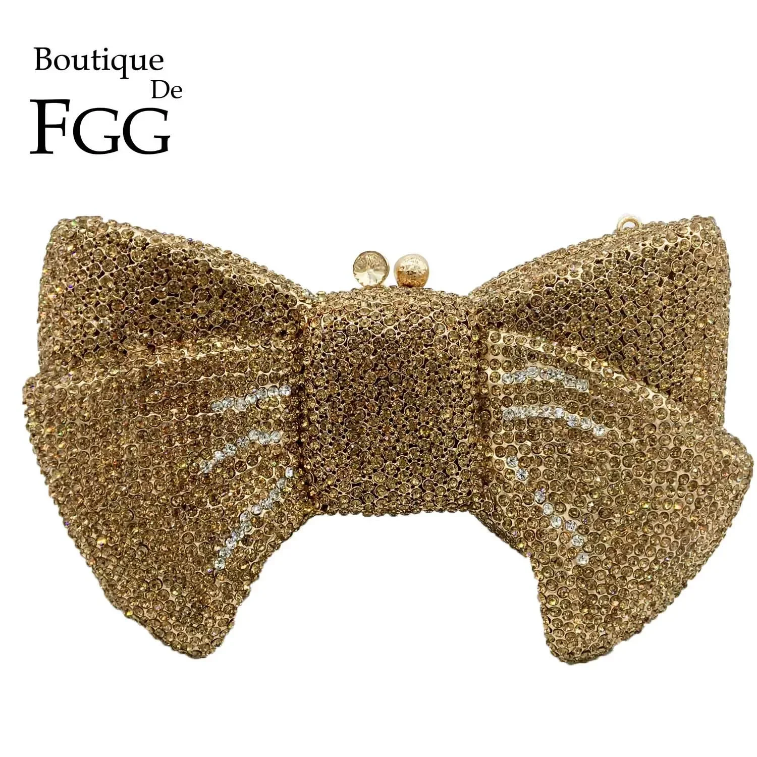 Boutique De FGG (in stock) Women Bow Clutch Crystal Evening Bags Metal Minaudiere Rhinestone Handbags Wedding Party Purse