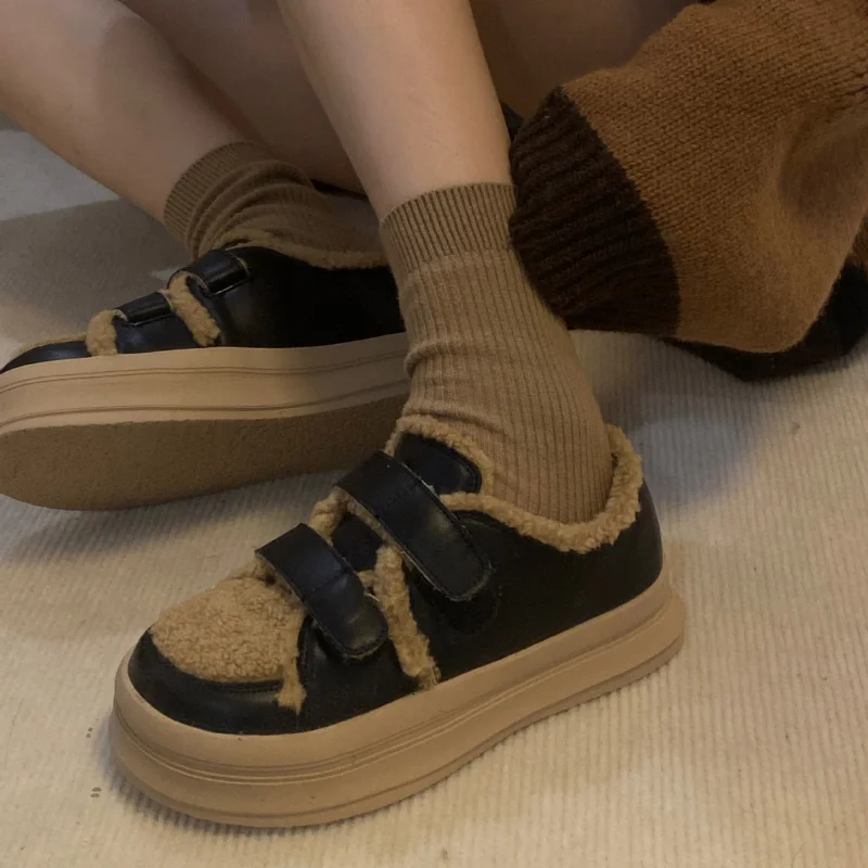 Sneakers Women Winter Sheep Wool Mixed Color Pu Warm Plush Cotton Shoes for Women 2022 Round Toe Casual Flats Platform Shoes