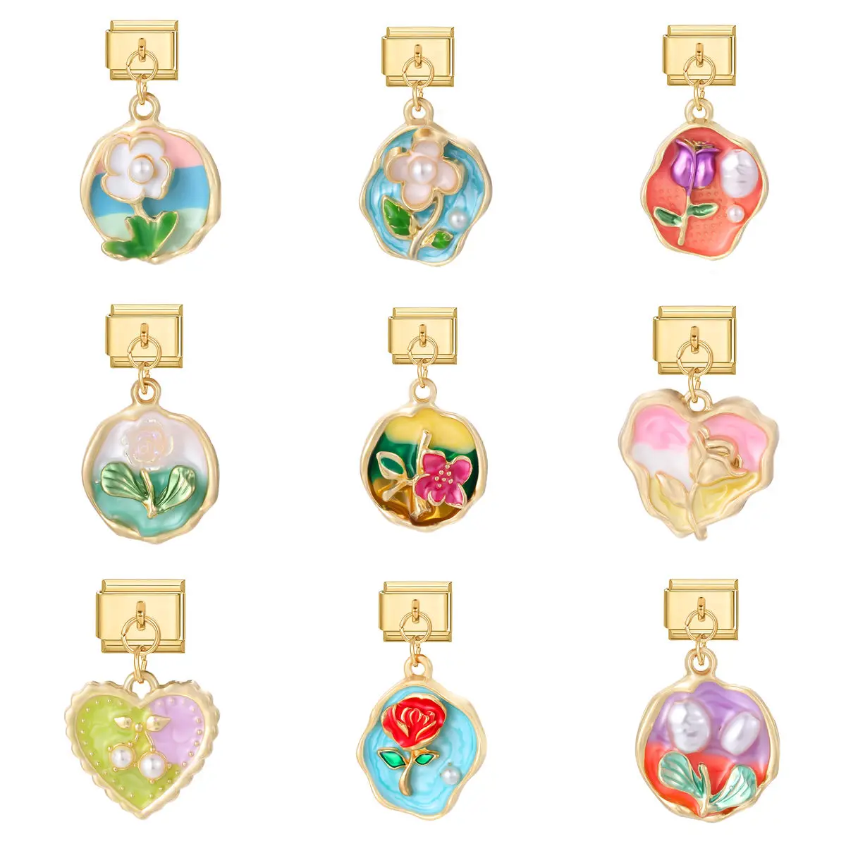 WG 1pc Italian Modular Bracelet Oil Drop Color Flower Pendant Accessories For DIY Splicing Retro Modular Bracelet Jewelry