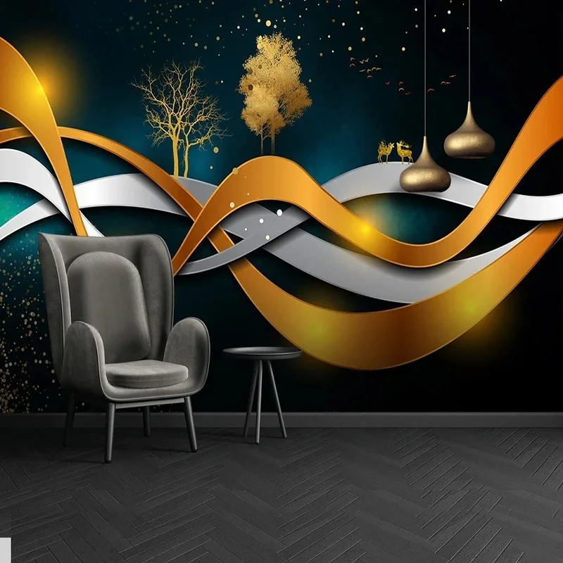 

Custom Any Size Modern Embossed Golden 3D Geometric Lines Art Fresco Wall Paper Bedroom Background Decorative Mural Wallpaper