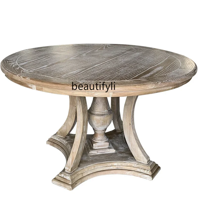 

Solid wood round table French retro old Roman column dining table box banquet table