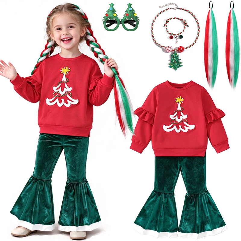 Toddler Little Girls Christmas 2-Piece Outfit 3D Christmas Tree Embroidery Kids Sweatshirt Green Velvet Flared Bell Bottom Pants