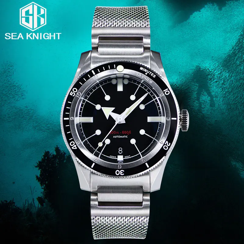 SEA KNIGHT Man Diving Watch 200M Waterproof 316L Steel Mesh Belt C3 Luminous Sapphire Crystal NH35A Automatic Mechanical Watches