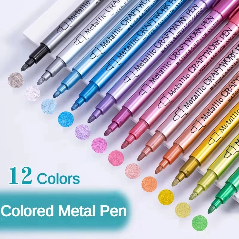 12 Colors Metallic Markers Pens Permanent Art Marker for Manga Crafts Scrapbooking Metal Rock Painting Stationery School Supplie