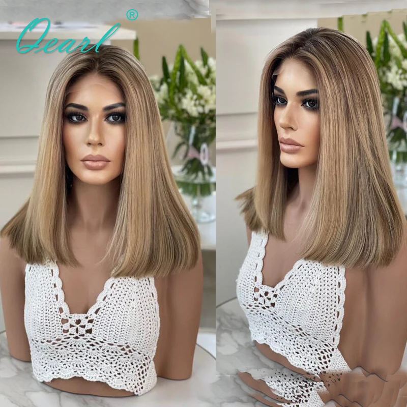 

Ash Light Brown Blonde Lace Frontal Wig Brazilian 100% Virgin Human Hair Wigs Short Bob 13x4 HD Front Lace Wig Glueless Qearl